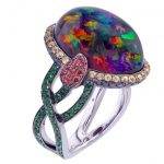 Rare Mexican Fire Opal, Sapphire, Garnet Black Diamonds Ring
